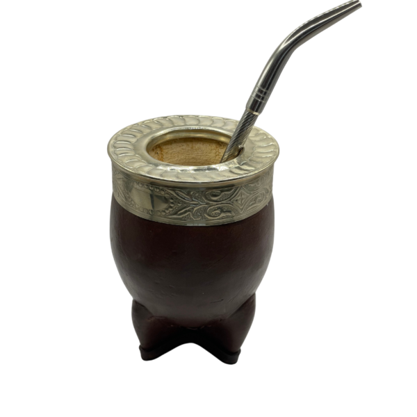 Mate de calabaza imperial con virola de alpaca cincelada y cuero marrón #0012
