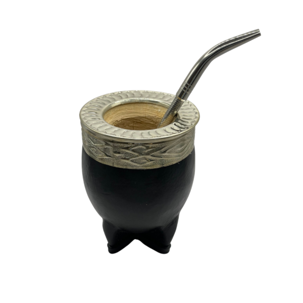 Mate de calabaza imperial con virola de alpaca cincelada y cuero negro #0008
